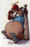  2010 anthro baseball_bat bat_(object) belly big_belly brown_body brown_fur claws clothing disney eating food footwear fur hat headgear headwear male mammal messy mustelid musteline nail navel nick_bondra overweight phraggle propeller_hat sandwich_(food) shirt shoes signature sitting snaggle_tooth solo stupid_(character) toon_patrol topwear traditional_media_(artwork) true_musteline weasel who_framed_roger_rabbit yellow_sclera yellow_teeth 