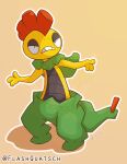  3_fingers ambiguous_gender fingers flashquatsch generation_5_pokemon green_body green_skin grey_chest grey_eyelids hi_res mohawk nintendo pokemon pokemon_(species) scrafty shedding_skin shiny_pokemon simple_background solo tail yellow_body 