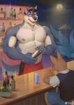  1boy 2boys abs animal_ears apron bara bartender bottle frde furry furry_male highres large_pectorals looking_at_viewer male_focus moon multiple_boys muscular muscular_male navel_hair nipples original pectorals red_apron short_hair solo sparkle stomach thick_eyebrows topless_male waist_apron wolf_boy wolf_ears 