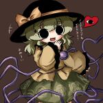  1girl bangs black_eyes black_headwear blouse blush bow brown_background buttons cowboy_shot diamond_button eyeball floral_print frilled_shirt_collar frilled_sleeves frills green_hair green_skirt hand_up hat hat_bow hat_ribbon heart heart_of_string heripantomorrow komeiji_koishi long_sleeves looking_at_viewer medium_hair open_mouth outstretched_arm ribbon rose_print shirt sidelocks simple_background skirt smile smug solo third_eye touhou translation_request wavy_hair wide_sleeves yellow_bow yellow_ribbon yellow_shirt 