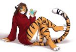  alex_marx anthro beverage bottomless brown_hair claws clothed clothing cocktail_glass container crossed_legs cup drinking_glass fangs felid female fur glass glass_container glass_cup green_eyes hair hi_res mammal mocha-wing orange_body orange_fur pantherine sabertooth_(anatomy) simple_background smile solo striped_body striped_fur stripes sweater sweater_only teeth tiger topwear topwear_only turtleneck white_background 