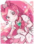  1girl blush bow brooch choker cure_blossom earrings flower_earrings hair_bow hanasaki_tsubomi heart_brooch heartcatch_precure! highres jewelry magical_girl pink_choker pink_eyes pink_hair precure puffy_short_sleeves puffy_sleeves short_sleeves smile solo wide_ponytail woekisryo123 wrist_cuffs 