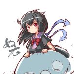  1girl bangs black_dress black_hair blue_wings blush bow bowtie breasts closed_mouth dress houjuu_nue medium_breasts medium_hair red_bow red_bowtie red_eyes ryogo short_dress short_sleeves simple_background sketch smile solo touhou ufo white_background wings 