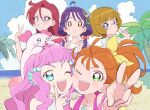  5girls ;d ahoge bangs blonde_hair blue_eyes brown_hair glasses green_eyes grin hair_ornament hairclip highres ichinose_minori jewelry kururun_(precure) laura_la_mer long_hair multiple_girls natsuumi_manatsu necklace one_eye_closed orange_hair ponytail precure purple_eyes purple_hair red_hair round_eyewear sakuragi_mochi shell_necklace short_bangs smile suzumura_sango swept_bangs takizawa_asuka tropical-rouge!_precure twintails v_over_mouth yellow_eyes 