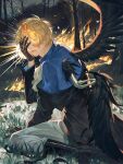  1boy absurdres bare_tree black_wings blonde_hair feathered_wings flaming_eye forest gloves hair_over_one_eye highres looking_at_viewer male_focus nature one_piece sabo_(one_piece) scar scar_across_eye short_hair sitting solo sqloveraven torn_wings tree wings 
