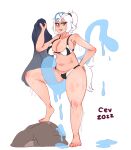  2022 alien alien_humanoid big_breasts bodily_fluids breasts cev cev_rosa clothing digital_media_(artwork) dripping_wet female green_eyes hair humanoid looking_at_viewer messy_hair slightly_chubby smile solo swimwear tentacles thick_thighs towel unusual_bodily_fluids wet 