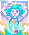  1girl aqua_choker aqua_eyes aqua_hair commentary cure_milky earrings hagoromo_lala hair_ornament hairband jewelry long_hair magical_girl maub_pencil open_mouth pouch precure see-through see-through_sleeves smile solo star-shaped_pupils star_(symbol) star_earrings star_hair_ornament star_twinkle_precure symbol-only_commentary symbol-shaped_pupils wrist_cuffs yellow_hairband 