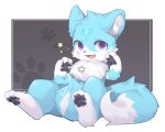  ambiguous_gender anthro belly black_pawpads blue_body blue_fur border cheek_tuft chest_tuft dipstick_tail emolga_1 facial_tuft fangs featureless_crotch full-length_portrait fur gloves_(marking) happy head_tuft hi_res inner_ear_fluff leg_markings looking_at_viewer markings open_mouth open_smile pawpads pink_tongue portrait pupils purple_eyes purple_pupils semi-anthro simple_background sitting smile socks_(marking) solo species_request tail tail_markings teeth tongue tuft unsigned white_body white_border white_fur white_inner_ear_fluff 