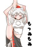  1girl animal_ears black_skirt blush_stickers closed_mouth commentary cropped_shirt crotch_seam flexible frown glaring grey_hair half-closed_eyes hat inubashiri_momiji leg_hold leg_up looking_at_viewer midriff miniskirt orange_panties panties pom_pom_(clothes) red_eyes red_headwear ribbon-trimmed_sleeves ribbon_trim shirt short_sleeves simple_background skirt solo split standing standing_on_one_leg standing_split striped striped_panties tail tokin_hat touhou twitter_username underwear white_background white_shirt wolf_ears wolf_tail zannen_na_hito 