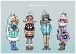  4girls aqua_coat bag bangs beanie blue_coat blue_eyes blue_footwear blue_gloves blunt_bangs boots braid brown_footwear brown_pants brown_skirt coat covered_mouth earmuffs flower fur_trim garouma gloves gradient_background grey_footwear grey_headwear grey_pantyhose grey_scarf hair_ornament hairclip hands_in_pockets hands_up hat hood hood_up medium_hair multiple_girls orange_hair original outline pants pantyhose pink_flower pink_hair purple_coat scarf seal_(animal) short_hair shoulder_bag skirt sleeves_past_wrists sweater twin_braids white_outline yellow_sweater 