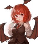  1girl absurdres bangs bat_wings breasts buttons cup eyebrows_hidden_by_hair hands_up head_wings highres holding holding_cup koakuma large_breasts lenserd light_blush long_sleeves looking_at_viewer low_wings medium_hair necktie open_mouth red_eyes red_hair red_necktie shirt simple_background solo touhou upper_body vest white_background wing_collar wings 