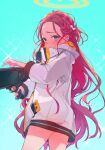  1girl absurdres amana_(pocketkey) blue_archive blue_background blue_eyes bow closed_mouth gun hair_bow halo highres holding holding_gun holding_weapon jacket long_hair long_sleeves looking_at_viewer pink_bow red_hair simple_background solo thighs very_long_hair weapon white_jacket yuzu_(blue_archive) 