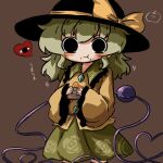  1girl :t bangs black_eyes black_headwear blouse blush bow brown_background buttons chewing diamond_button eating eyeball feet_out_of_frame floral_print food frilled_shirt_collar frilled_sleeves frills green_hair green_skirt hat hat_bow hat_ribbon heart heart_of_string heripantomorrow komeiji_koishi long_sleeves medium_hair pout ribbon rose_print shirt sidelocks simple_background skirt solo third_eye touhou wavy_hair wide_sleeves yellow_bow yellow_ribbon yellow_shirt 