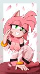  2023 5_fingers amy_rose anthro areola breasts clothed clothing delicioussoup eulipotyphlan female fingers green_eyes half-closed_eyes hedgehog hi_res looking_at_viewer mammal narrowed_eyes nipples sega signature smile solo sonic_the_hedgehog_(series) teeth topless 