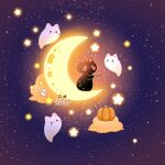  23yueliang :3 animal_focus artist_name blush cat closed_mouth cloud commentary crescent_moon fishing_rod full_body ghost glowing halftone halloween highres holding holding_fishing_rod instagram_logo moon night night_sky no_humans original pumpkin skull sky smile solid_circle_eyes star_(sky) star_(symbol) starry_sky twitter_logo watermark 
