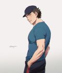  1boy alternate_costume baseball_cap blue_shirt brown_eyes brown_hair casual foxvulpine from_behind golden_kamuy hat male_focus scar scar_on_cheek scar_on_face scar_on_mouth scar_on_nose shirt short_hair smile solo sugimoto_saichi toned toned_male 