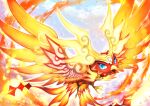  beak bird blue_eyes cloud commentary_request duel_masters duel_masters_play&#039;s feathers fire flame gem glowing highres looking_at_viewer ninjya_palette open_mouth outdoors phoenix sky slit_pupils sparkle 