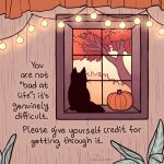  artist_name black_cat cat english_text indoors lights looking_outside no_humans original plant pumpkin signature thelatestkate tree window 