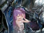 1girl age_difference aged_down armor armpit_crease bangs bare_shoulders bibi_(tokoyami_towa) child crying dress fake_horns female_child funi_mu9 hat hat_removed headpat headwear_removed helmet highres hololive horned_headwear horns knight medium_hair multiple_others open_mouth purple_hair standing straight_hair surrounded tears tokoyami_towa virtual_youtuber 