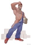  1boy abs adjusting_clothes adjusting_headwear arm_up armpits bara bare_pectorals baseball_cap beard carrying carrying_under_arm carton chest_hair facial_hair full_body goatee hat large_pectorals male_focus mature_male muscular muscular_male navel navel_hair nipples original overalls package partially_unbuttoned pectorals pubic_hair pubic_hair_peek shoes short_hair smile solo stomach thick_eyebrows 