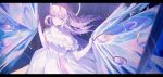  1girl bangs bare_shoulders blue_eyes commentary dress english_commentary english_text floating_hair hair_between_eyes halo hands_up highres holding ji_dao_ji letterboxed long_dress long_hair looking_afar open_mouth original purple_hair solo space standing star_(symbol) upper_body white_dress 