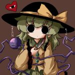  1girl bangs black_eyes black_headwear blood blood_on_clothes blood_on_knife blouse bow brown_background buttons closed_mouth diamond_button expressionless eyeball frilled_shirt_collar frilled_sleeves frills furrowed_brow green_hair green_skirt hand_up hat hat_bow hat_ribbon heart heripantomorrow holding holding_knife knife komeiji_koishi long_sleeves looking_at_viewer medium_hair ribbon shirt simple_background skirt solo third_eye touhou translation_request upper_body wavy_hair wide_sleeves yellow_bow yellow_ribbon yellow_shirt 