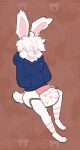  anthro catboyjail clothed clothing diaper diaper_fetish eyeless fur hi_res hoodie infantilism intersex lagomorph leporid maleherm mammal pink_body pink_fur rabbit solo solo_focus topwear wearing_diaper 