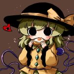  1girl bangs black_eyes black_headwear blouse blush bow brown_background buttons diamond_button eating eyeball floral_print food food_in_mouth frilled_shirt_collar frilled_sleeves frills green_hair green_skirt hat hat_bow hat_ribbon heart heripantomorrow komeiji_koishi long_sleeves looking_at_viewer medium_hair mouth_hold ribbon rose_print shirt sidelocks simple_background skirt solo third_eye toast toast_in_mouth touhou upper_body wavy_hair wide_sleeves yellow_bow yellow_ribbon yellow_shirt 