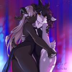  1:1 2023 ais05 anthro black_hair bovid breasts caprine clothed clothing dakota_(kaggy1) dancing dark_body dark_fur digital_media_(artwork) domestic_sheep dress duo female fur grey_body hair hi_res horn mammal multi_horn neck_tuft paledrake paledrake_(artist) sheep simple_background smile topwear tuft white_body white_hair yellow_eyes zuzu_(paledrake) 