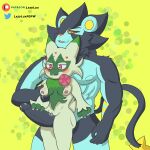  1:1 absurd_res anthro blush bodily_fluids breasts cum digital_media_(artwork) duo erection felid feline female floragato fur generation_4_pokemon generation_9_pokemon genital_fluids genitals green_body green_fur hi_res luxray lxzylux male male/female mammal nintendo nipples open_mouth penis pokemon pokemon_(species) pussy simple_background smile 