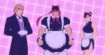  2boys alternate_costume animal_ears apron blonde_hair butler carless_(ppanic) cat_ears character_request enmaided forked_eyebrows frown highres kemonomimi_mode ken_masters large_pectorals maid maid_apron male_focus multiple_boys muscular muscular_male pectorals ryu_(street_fighter) short_hair sideburns street_fighter 