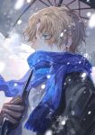  1boy absurdres blonde_hair earrings from_side gloves highres jewelry male_focus one_piece sabo_(one_piece) scar scar_across_eye scarf short_hair snowing solo sqloveraven umbrella upper_body 