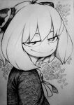  1girl absurdres anya&#039;s_heh_face_(meme) anya_(spy_x_family) bangs black_dress child chronozbergh closed_mouth dress female_child greyscale hairpods half-closed_eyes highres looking_at_viewer meme monochrome short_hair smile solo spy_x_family traditional_media 