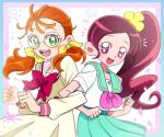  2girls alternate_hairstyle aozora_middle_school_uniform cosplay costume_switch glasses green_eyes hairstyle_switch hanasaki_tsubomi heartcatch_precure! maub_pencil multiple_girls myoudou_gakuen_middle_school_uniform natsuumi_manatsu open_mouth orange_hair pink_eyes pink_hair precure round_eyewear school_uniform serafuku side_ponytail smile tropical-rouge!_precure twintails 