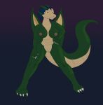  absurd_res anthro breasts dragonborn_(dnd) dungeons_and_dragons female feral genitals green_body green_scales hasbro hi_res horn keyboard_warlord non-mammal_breasts pose pussy scales scalie solo thick_thighs wings wizards_of_the_coast yellow_sclera 