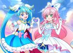 2girls ascot blue_cape cape cure_prism cure_sky detached_sleeves dress english_commentary glove_bow green_eyes hand_on_hip heart heart_hands heart_hands_duo highres hirogaru_sky!_precure long_hair magical_girl multiple_girls nijigaoka_mashiro open_mouth pink_hair precure puffy_detached_sleeves puffy_sleeves single_sidelock smile sora_harewataru twintails two-sided_cape two-sided_fabric venuscho very_long_hair white_ascot white_dress wing_hair_ornament 