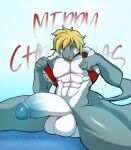  abs anthro balls big_penis blep blonde_hair blue_eyes christmas christmas_clothing clothing fish foreskin genitals great_white_shark hair hi_res holidays lamnid lamniform male marine muscular muscular_male nude penis shark solo suntramp tongue tongue_out zachary_vincent 