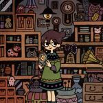  1girl akabeko bangs brown_hair clock daruma_doll feet_out_of_frame garouma highres holding holding_jar jar lamp long_sleeves maneki-neko original phonograph short_hair solo star_(symbol) treasure_chest wide_shot 