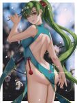  1girl alternate_costume ass backless_outfit bare_shoulders butt_crack changpao china_dress chinese_clothes dress fire_emblem fire_emblem:_the_blazing_blade flower green_eyes green_hair grin long_hair looking_at_viewer looking_back lyn_(fire_emblem) paid_reward_available pelvic_curtain ponytail revealing_clothes side_slit sleeveless smile solo very_long_hair web_address wei_(promise_0820) 