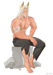  1boy abs arknights bandages bara barefoot beard black_pants facial_hair feather_hair frde full_body furry furry_male large_pectorals long_hair male_focus mature_male muscular muscular_male mustache nipples original pants pectorals short_hair solo stomach thick_eyebrows topless_male torn_clothes torn_pants white_hair 