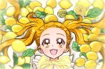  1girl blonde_hair bow food fruit kasugano_urara_(yes!_precure_5) lemon long_hair maub_pencil open_mouth precure short_bangs smile solo twintails yellow_bow yellow_eyes yes!_precure_5 
