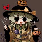  1girl bangs black_eyes black_headwear blouse blush bow brown_background buttons diamond_button eyeball frilled_shirt_collar frilled_sleeves frills green_hair green_skirt halloween_bucket hat hat_bow hat_ribbon heripantomorrow holding holding_knife jack-o&#039;-lantern knife komeiji_koishi long_sleeves looking_at_viewer medium_hair open_mouth ribbon shirt sidelocks simple_background skirt smile solo third_eye touhou translation_request upper_body wavy_hair wide_sleeves yellow_bow yellow_ribbon yellow_shirt 