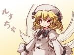  1girl black_bow black_necktie blonde_hair blush bow chestnut_mouth collared_dress crescent dress drill_hair fairy fairy_wings hair_bow hat juliet_sleeves long_sleeves luna_child medium_hair necktie open_mouth puffy_sleeves red_eyes ryogo sleeves_past_fingers sleeves_past_wrists solo touhou white_dress white_headwear wings yellow_background 