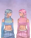  2girls blue_eyes blue_hair bow braid breasts commentary crop_top denim eye_contact hair_bow highres jeans little_thunder looking_at_another medium_breasts multiple_girls navel original panties pants pink_eyes pink_hair sky star_(sky) starry_sky thick_eyebrows twin_braids underwear 