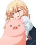  1girl 1other :d blonde_hair blush braid buta_no_liver_wa_kanetsu_shiro ear_piercing earrings fingernails grey_eyes jess_(buta_no_liver_wa_kanetsu_shiro) jewelry key_visual long_hair looking_at_viewer official_art open_mouth piercing pig pig_(buta_no_liver_wa_kanetsu_shiro) promotional_art smile transparent_background upper_body 