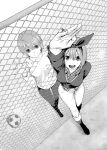  2girls absurdres arm_behind_back arm_up ball bangs black_footwear breasts closed_mouth commentary_request eyelashes fence from_above full_body go-toubun_no_hanayome hair_between_eyes hair_ribbon hairband hand_on_wall highres jacket kosmos_beta large_breasts looking_at_viewer looking_up medium_hair monochrome multiple_girls nakano_ichika nakano_yotsuba open_hand open_mouth pants plaid plaid_shirt ribbon round_teeth shirt short_hair smile soccer_ball straight_hair teeth upper_teeth_only white_shirt 