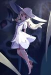  1girl absurdres bangs barefoot blonde_hair blunt_bangs braid collared_dress commentary_request dress floating_hair from_side fujiwara_echi full_body green_eyes hand_up hat highres lillie_(pokemon) long_hair parted_lips pokemon pokemon_(game) pokemon_sm short_sleeves solo sun_hat twin_braids white_dress white_headwear 