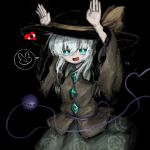  1girl aqua_eyes arms_up bangs black_background black_headwear blouse bow bright_pupils buttons cowboy_shot diamond_button eyeball floral_print frilled_shirt_collar frilled_sleeves frills green_skirt hair_between_eyes hat hat_bow hat_ribbon heart heart_of_string heripantomorrow komeiji_koishi long_sleeves looking_at_viewer medium_hair messy_hair open_mouth rabbit ribbon rose_print shirt simple_background skirt smile solo speech_bubble spoken_animal third_eye touhou white_hair wide_sleeves yellow_bow yellow_ribbon yellow_shirt 