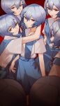  5girls absurdres ayanami_rei blue_hair clone closed_mouth hair_between_eyes highres multiple_girls neon_genesis_evangelion red_background red_eyes red_ribbon ribbon school_uniform simple_background tokyo-3_middle_school_uniform vergil_mon 