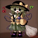  1girl bag bangs black_eyes black_footwear black_headwear blouse boots bow brown_background buttons diamond_button dragging eyeball floral_print frilled_shirt_collar frilled_sleeves frills full_body green_hair green_skirt hand_up hat hat_bow hat_ribbon heart heart_of_string heripantomorrow holding holding_bag holding_knife knife komeiji_koishi long_sleeves medium_hair open_mouth ribbon rose_print shirt sidelocks simple_background skirt smile solo standing third_eye touhou wavy_hair wide_sleeves yellow_bow yellow_ribbon yellow_shirt 